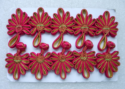 FG232-4 Ribbon Chinese Fan Closures Buttons Maroon Gold 5pr