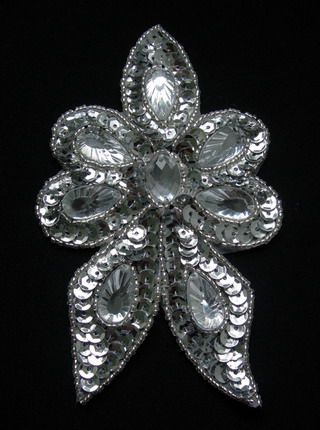 FW310 Silver Gemstones Flower Sequined Beaded Applique