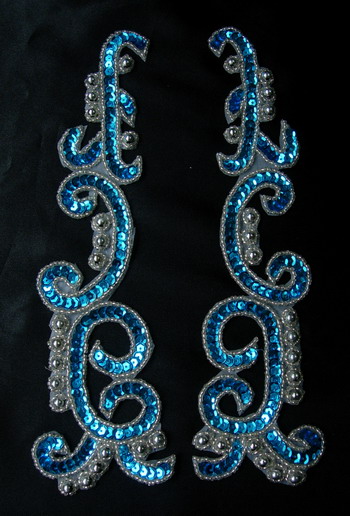 LR146-4 XL Mirror Pair Sequin Bead Applique Aqua Silver