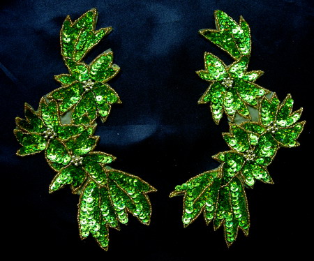 LR158-5 LR Mirror Pair Flower Sequin Bead Applique Lime