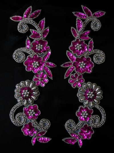 LR20-7 Floral Mirror Sequin Bead Applique Fuchsia