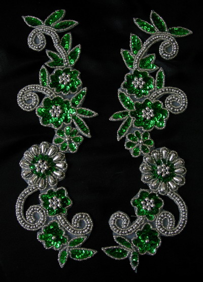 LR20-8 Floral Mirror Sequin Bead Applique Green