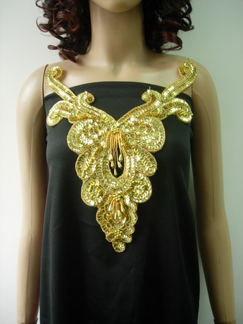 NK26 Gold Fringed Sequin Bead Applique Necklace Bodice
