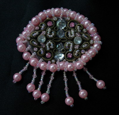 SB164 Pink Fringed Rhinestones Pearl Beads Jewelry Applique