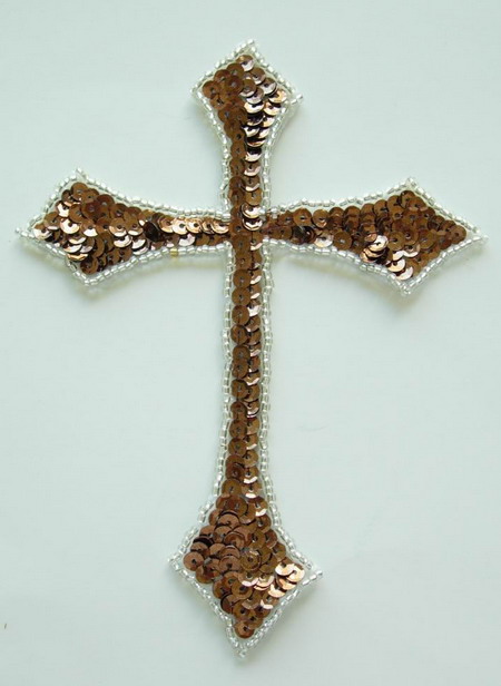 SY44 Holy Cross Catholic Cross Sequin Bead Applique Brown