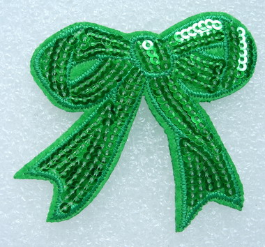 SY69-3 Embroided Fashion Bow Sequin Iron On Patch Green 2pcs