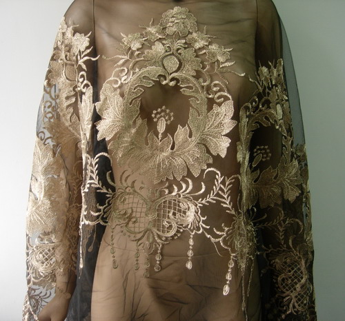 LE15 55" Vintage Floral Gold Trim Lace Tulle Fabric Black 1yard