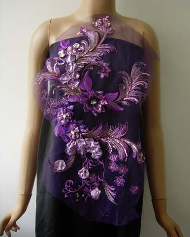 VB93 Purple Tone 3D Tail Floral Gems Sequined Tulle Applique