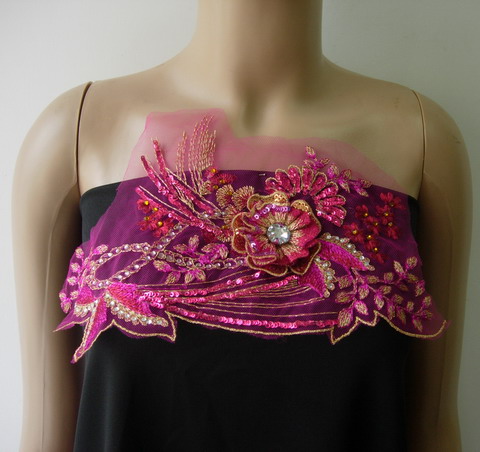 VF237 Fuchsia Tier Floral Leaf Gemstone Sequined Tulle Applique